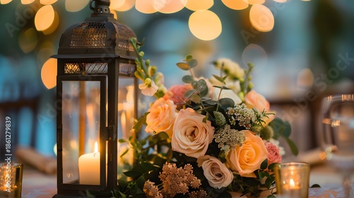 Romantic Dinner Table With Lanterns, Candlelight