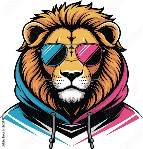 A powerful lion head vector mascot illustration of a wild predator cat and mammal animal face isolated for wildlife safari art and tattoo designs