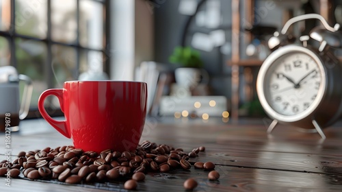 Red Coffee Mug On Rustic Wood Table With Beans And Alarm Clock