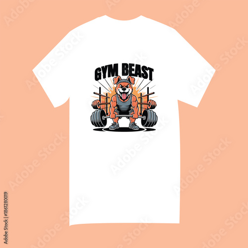 Gym Beast Dog Illustration - Muscle Dog Lifting Weights T-Shirt Design for Fitness and Bodybuilding