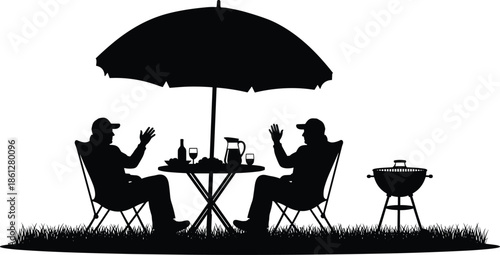 Black silhouette of a couple having a summer picnic outdoors under an umbrella flat vector