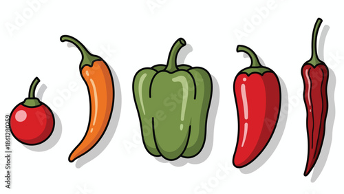 A colorful array of five distinct pepper types including bell peppers and various hot chili peppers, presented as a vibrant vector illustration.
