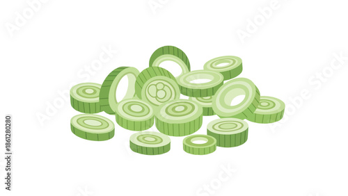 Freshly sliced vibrant green gourd rings arranged artistically against a pristine white backdrop, perfect for healthy culinary ingredient themes and