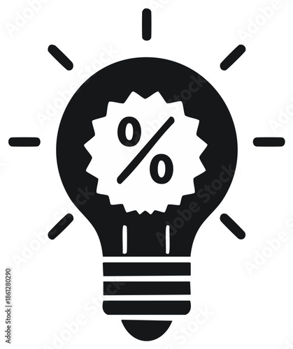 Shining light bulb icon with a percentage symbol representing a bright idea for sales or discounts