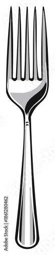 Stylized illustration of a modern metallic eating fork with five tines design