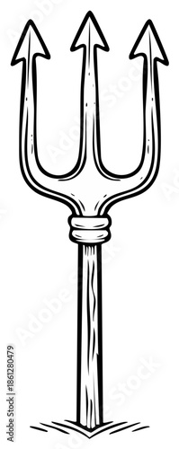 Black and white line art illustration of a mythological trident weapon