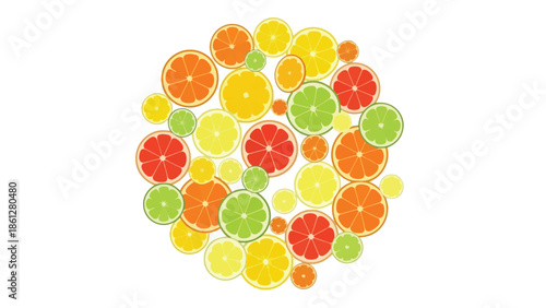A vivid circular composition showcasing diverse citrus fruit slices vibrant oranges zesty limes and bright lemons creating a fresh abstract pattern