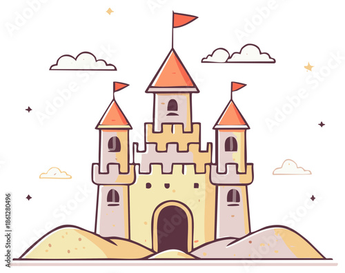 Cartoon castle illustration with flags, towers, sand and clouds against a white background.