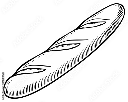 Detailed Monochrome Drawing of a Classic Baguette Bread Loaf: Authentic Food Item