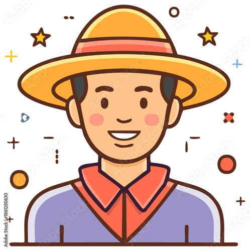Cheerful farmer character avatar illustration with a friendly smile and sun hat