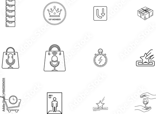 A collection of 12 small black and white line icons or symbols