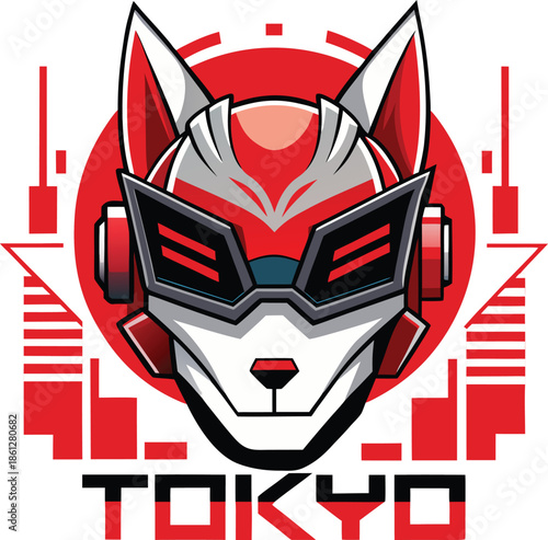 Cyberpunk kitsune fox mascot with tokyo text and red sun