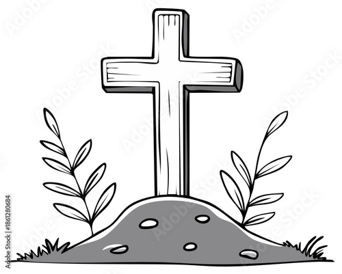 Hand drawn cross on grave with plant life symbolizing rest in peace and remembrance