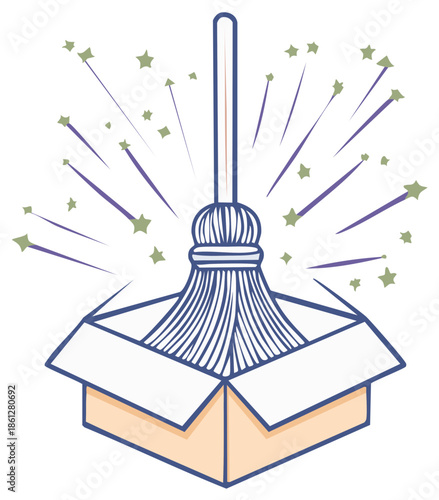 Magical broomstick in a cardboard box with sparkling stars
