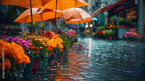 Vibrant City Flower Market Under Orange Umbrellas On a Wet Street