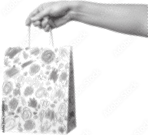 Halftone dots of a hand pouring water from a leopard print bag