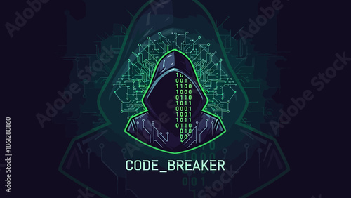 Hacker anonymous in hoodie with digital matrix code on face and geometric background