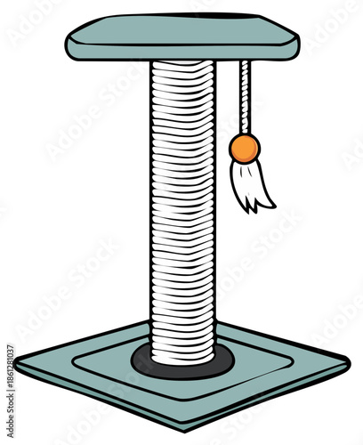 Cartoon illustration of a cat scratching post with a dangling toy, isolated.