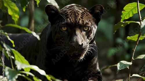 Black panther in lush green jungle environment close up