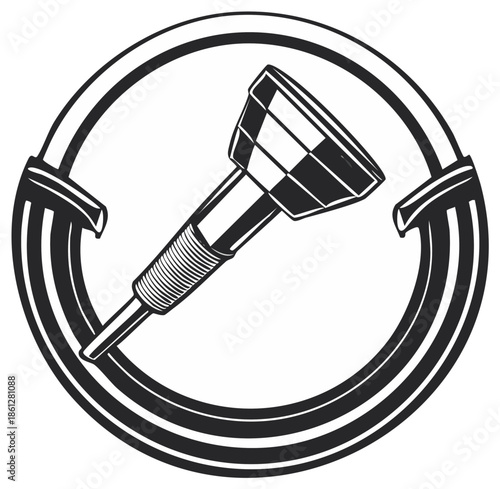 Classic dart with checkered fletching inside a bold circular frame. Graphic illustration representing sport and precision.