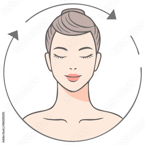 Woman's face with closed eyes and circulating arrows indicating facial massage or skincare routine