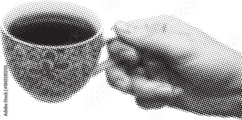 Halftone dots image of a hand reaching for a cup on a plain background