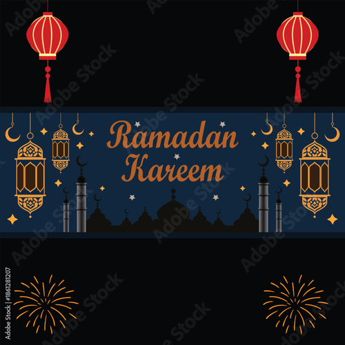 Ramadan Kareem Festive Banner with Lanterns, Mosque Silhouette, and Fireworks.eps