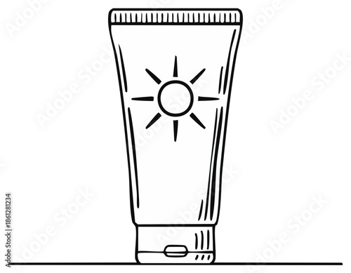 Simple line art illustration of a sunscreen tube with a sun icon for summer skincare and UV protection