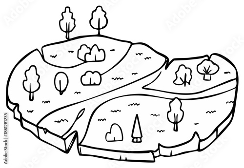 Whimsical black and white drawing of a cartoon landscape with rolling hills trees and clouds