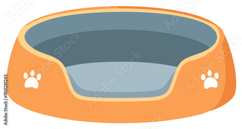 Cartoon pet bed with paw prints, orange, grey and blue colors