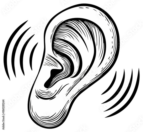 Illustration of human ear with sound waves, hearing concept, black and white.