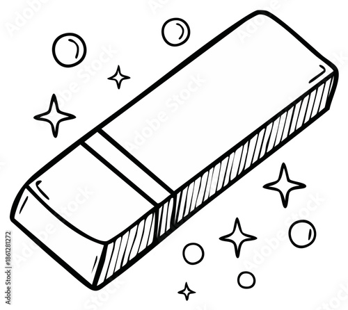 Doodle style illustration of a rectangular eraser with sparkle effects.