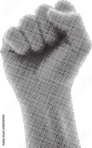 A pixelated half tone dots image of a raised fist in a gesture of solidarity or protest