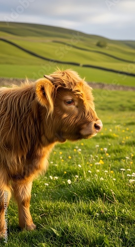 A young, light-brown bovine grazes contentedly in a vibrant, sunlit meadow dotted with small yellow flowers, with rolling hills in the background