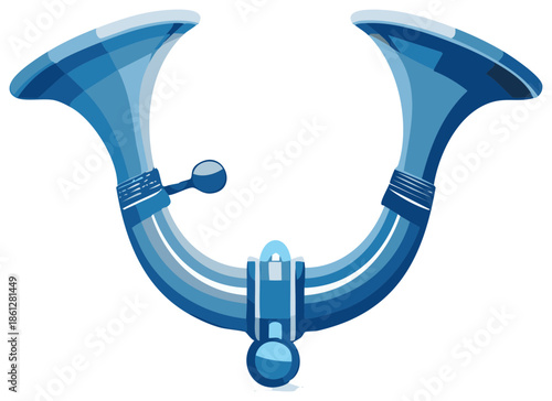 Modern Illustration of a Blue Musical Instrument Forming a U Shape with Trumpet Horns
