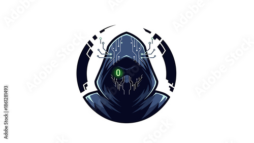 Cyberpunk hooded figure with glowing green eye and circuitry details, representing advanced technology and anonymity