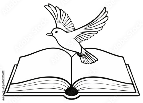 Illustration of a bird in flight over an open book.