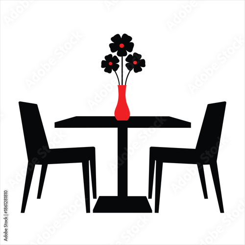 Silhouette of a dinner table with two chairs and a red flower vase for a romantic date