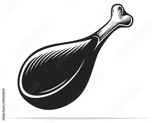 Monochrome Illustration of Cooked Poultry Leg or Drumstick Meal, Bone Included