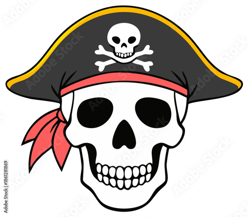 Skull with Pirate Hat and Bandana Illustration Jolly Roger Symbol for Adventure and Danger