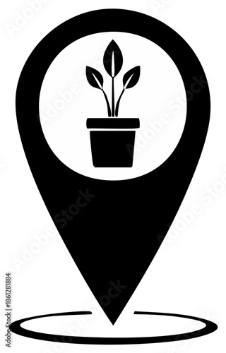 Plant in Pot Inside Location Pin Black and White Illustration Graphic