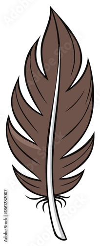 Detailed illustration of a single brown feather with white shaft for graphic design projects