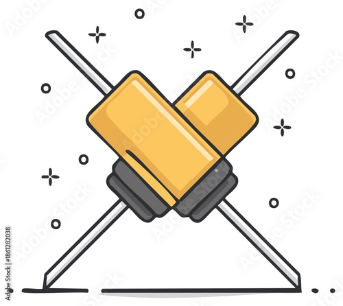 Stylized illustration of two yellow crossed pushpins with sharp points piercing a surface