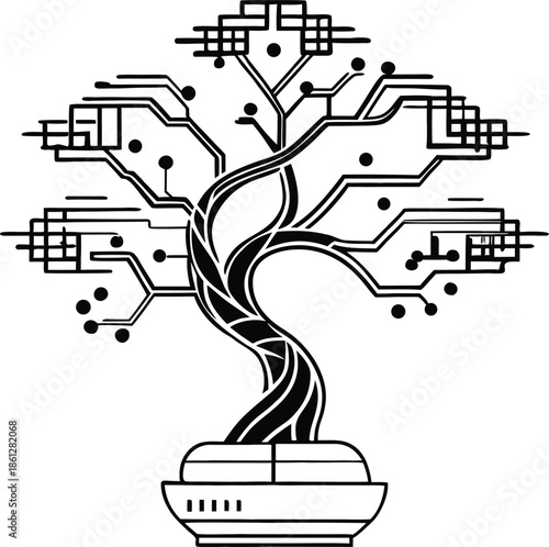 Abstract technology bonsai tree with digital circuit lines vector