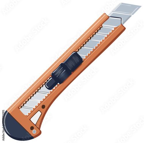 Illustration of a modern orange utility knife featuring a segmented retractable blade