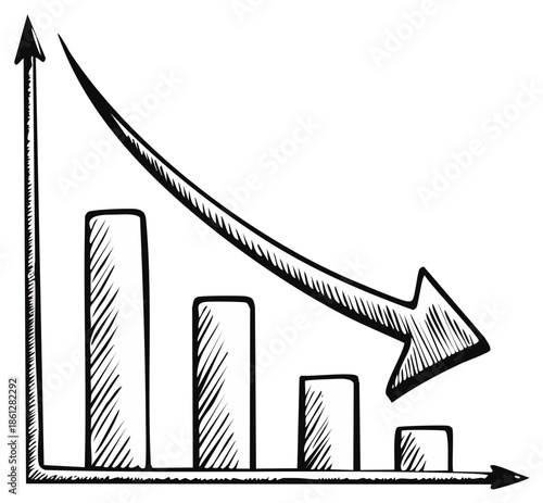 Hand Drawn Bar Graph Displaying Decline Trend with Decreasing Blocks and Falling Arrow