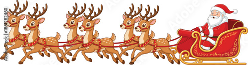 Santa Claus riding sleigh with reindeer, Christmas illustration, festive holiday cartoon, winter celebration, traditional Santa sleigh vector, isolated, on white