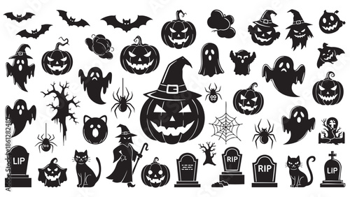 Halloween Pumpkin Ghosts Witches and Spiders Collection in Black Silhouettes
