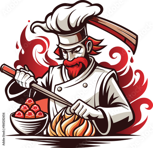 Angry chef mascot cooking spicy food with fire vector illustration