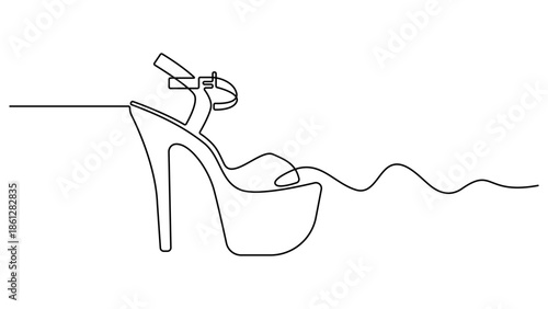 Elegant high heels shoes are drawn with one continuous line on a white background. Beige nude pumps high heels shoes one line continuous draw. Minimalist and fashionable illustration. Editable vector